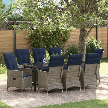 Tafel en stoelen set met kussen 9 pcs Grijs PE Rattan