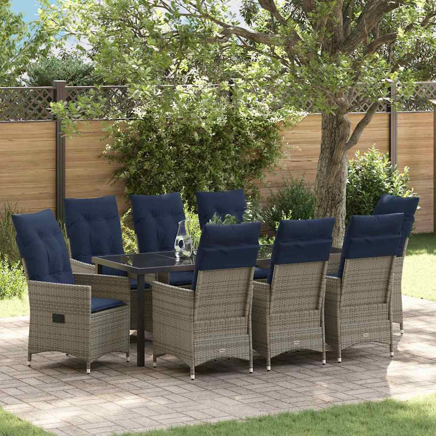 Tafel en stoelen set met kussen 9 pcs Grijs PE Rattan
