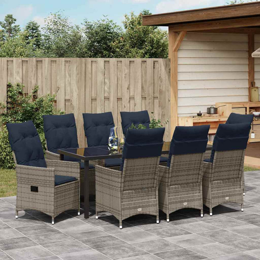 Tafel en stoelen set met kussen 9 pcs Grijs PE Rattan