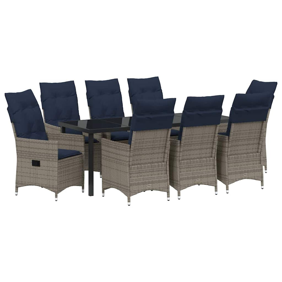 Tafel en stoelen set met kussen 9 pcs Grijs PE Rattan