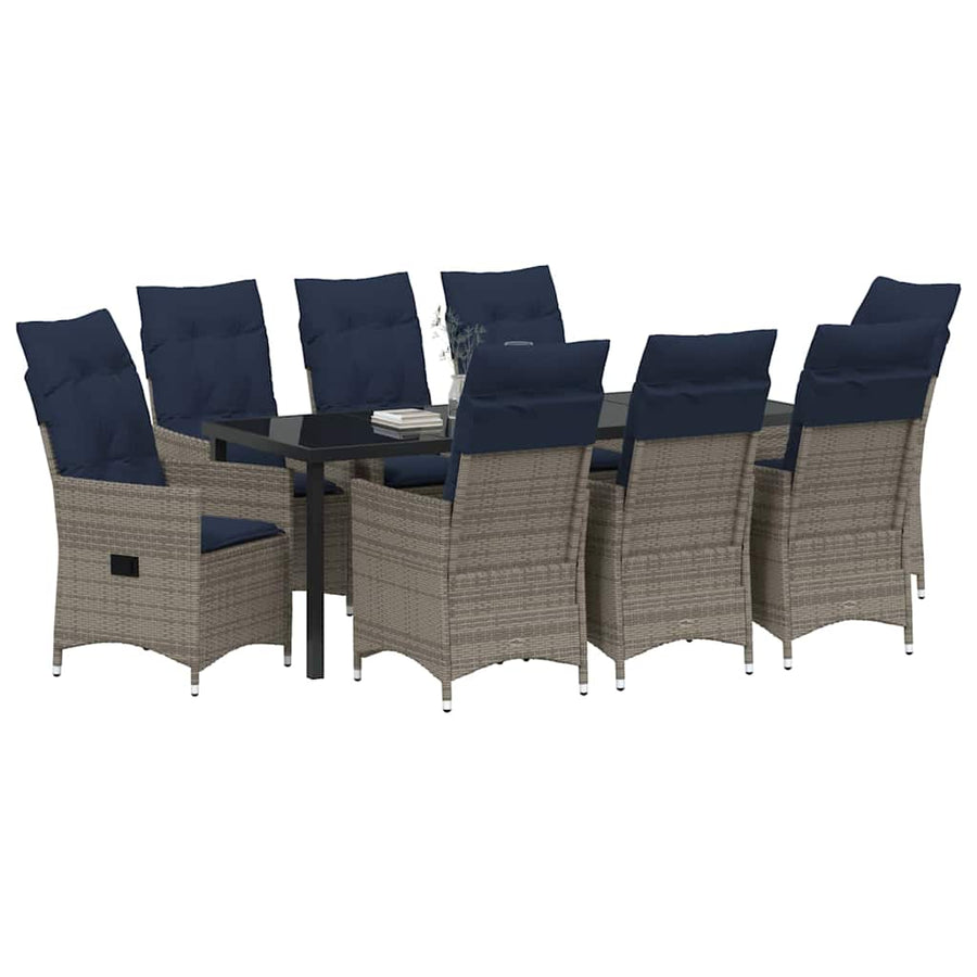 Tafel en stoelen set met kussen 9 pcs Grijs PE Rattan
