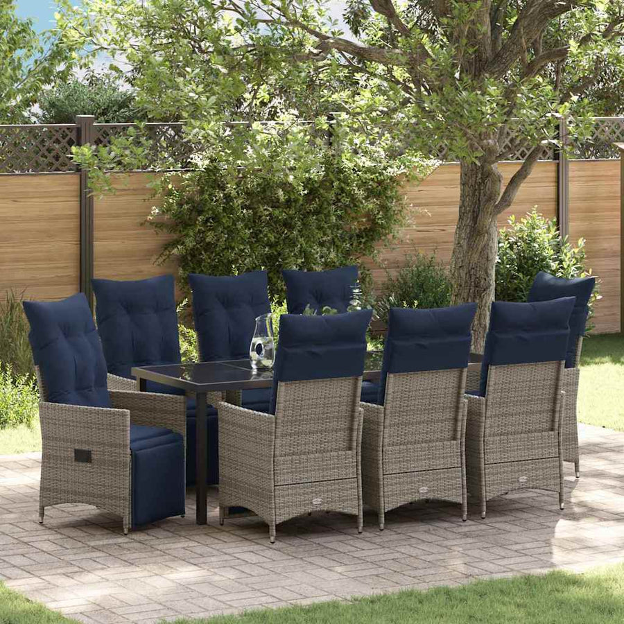 Tafel en stoelen set met kussen 9 pcs Grijs PE Rattan
