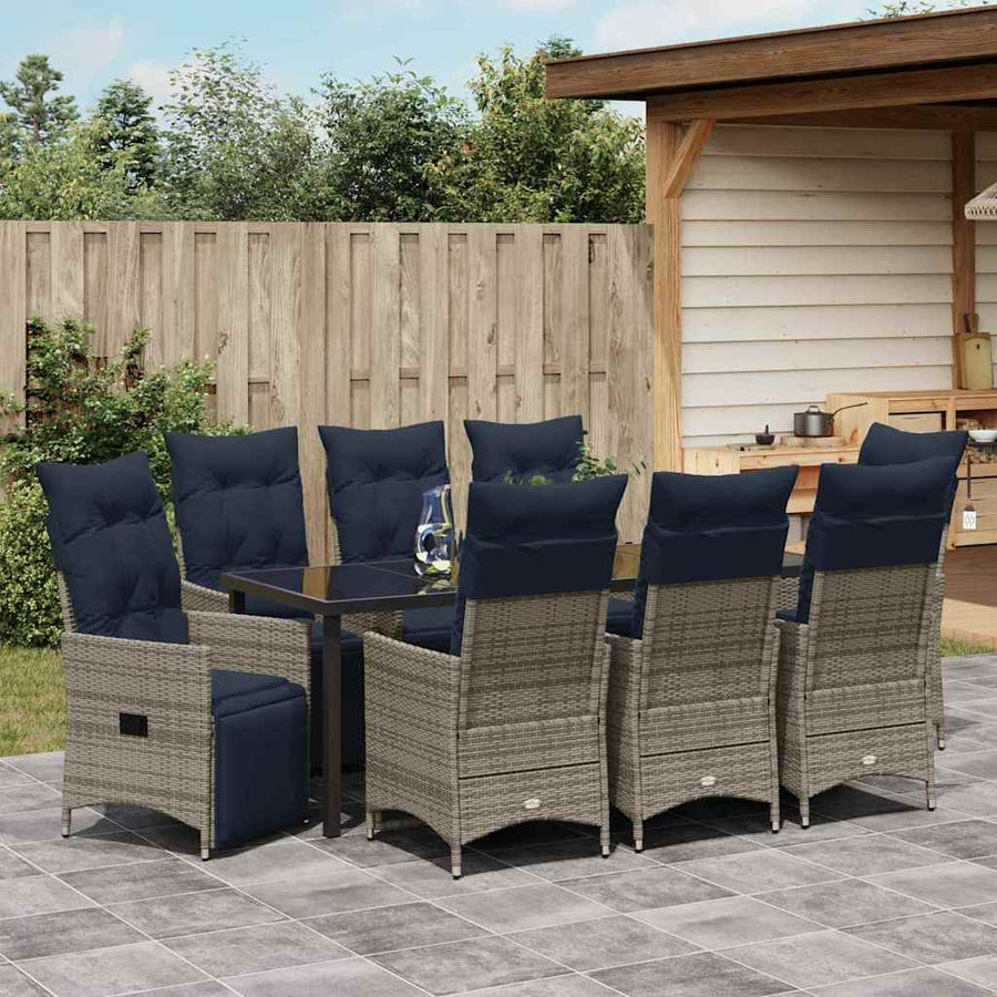 Tafel en stoelen set met kussen 9 pcs Grijs PE Rattan