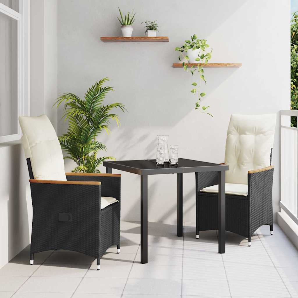 Tuin eettafelset met kussen 3 pcs Zwart poly rattan