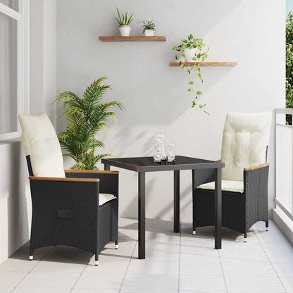 Tuin eettafelset met kussen 3 pcs Zwart poly rattan