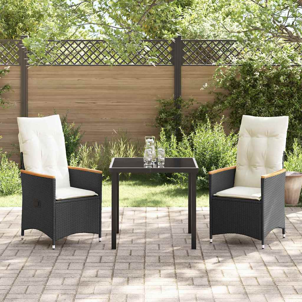 Tuin eettafelset met kussen 3 pcs Zwart poly rattan