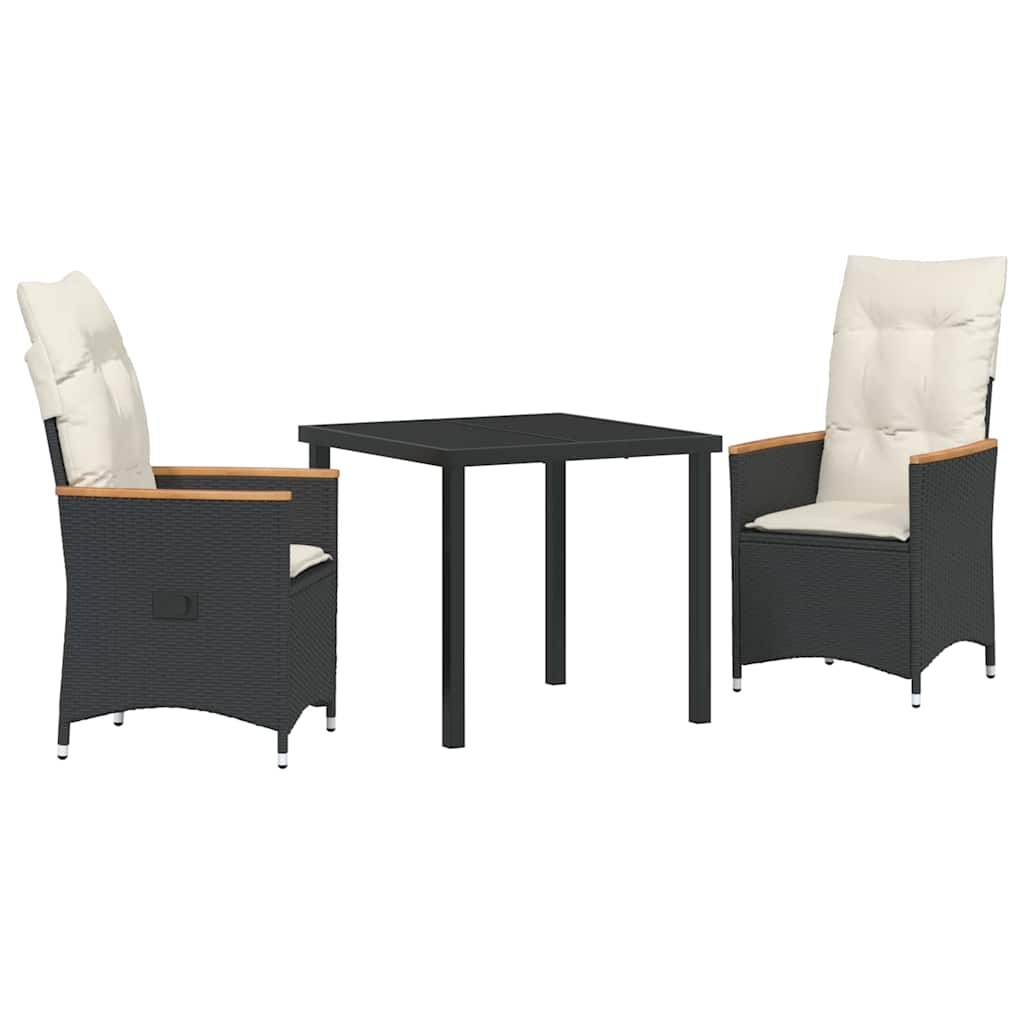 Tuin eettafelset met kussen 3 pcs Zwart poly rattan