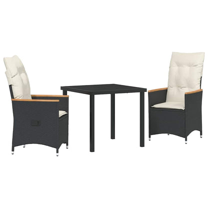 Tuin eettafelset met kussen 3 pcs Zwart poly rattan
