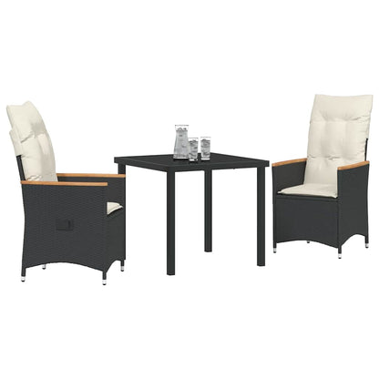 Tuin eettafelset met kussen 3 pcs Zwart poly rattan