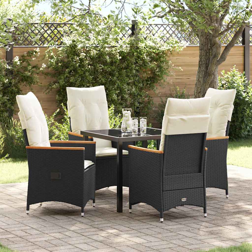 Tuin eettafelset met kussen 5 pcs Zwart poly rattan