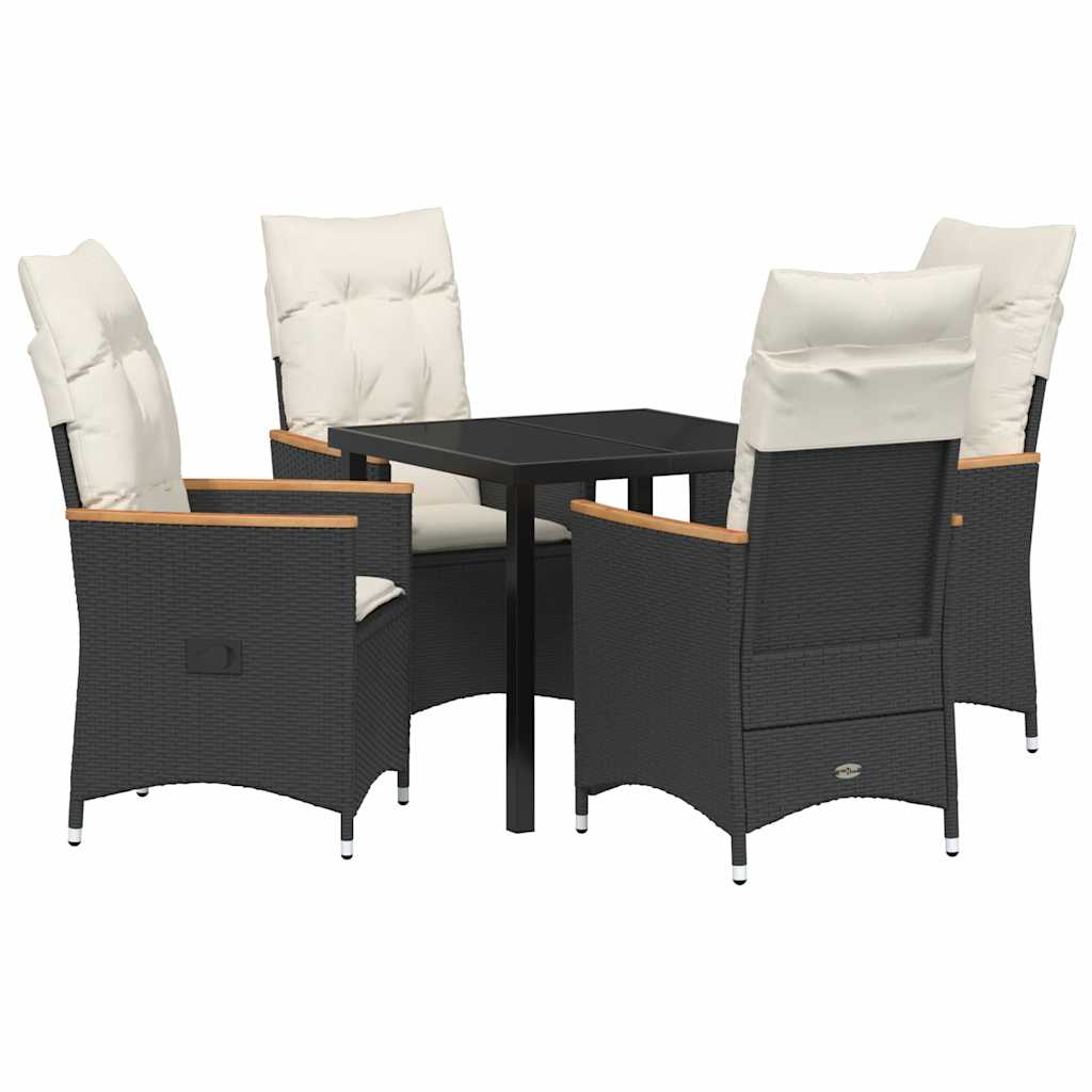 Tuin eettafelset met kussen 5 pcs Zwart poly rattan