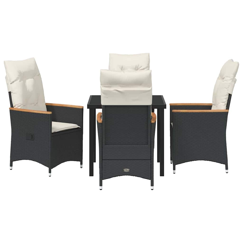 Tuin eettafelset met kussen 5 pcs Zwart poly rattan
