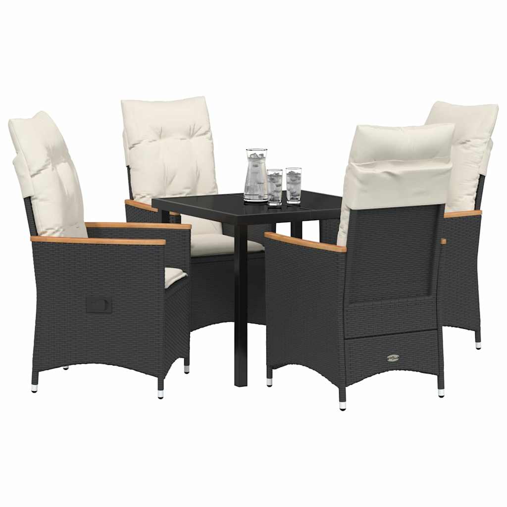 Tuin eettafelset met kussen 5 pcs Zwart poly rattan
