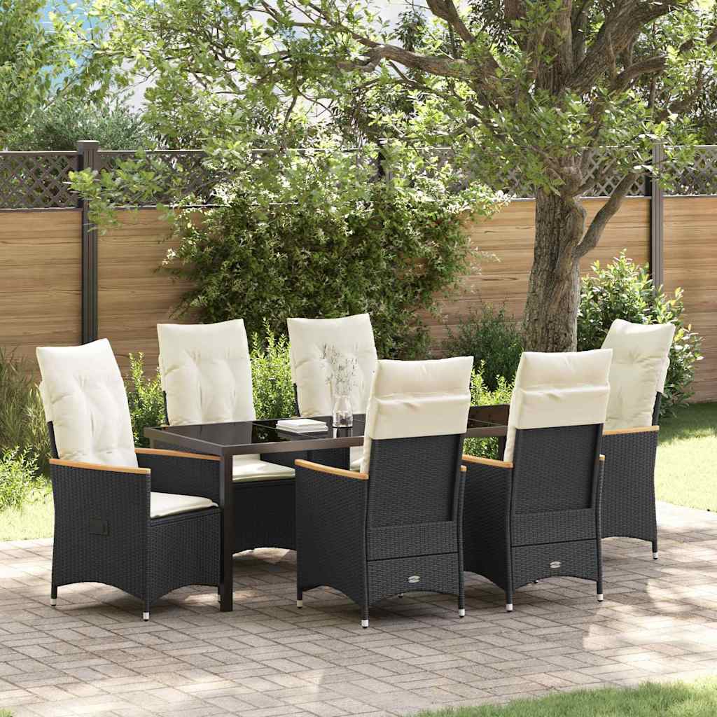 Tuin Eettafelset Met Kussen 7 Pcs Zwart Poly Rattan