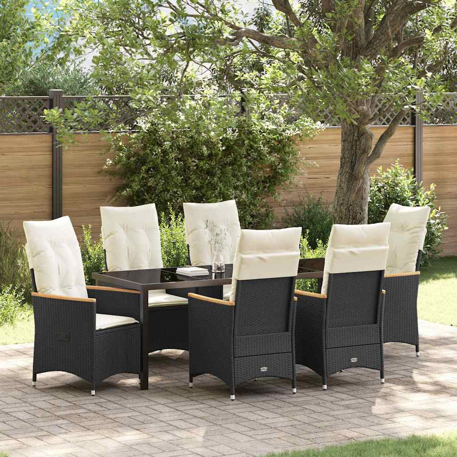 Tuin Eettafelset Met Kussen 7 Pcs Zwart Poly Rattan