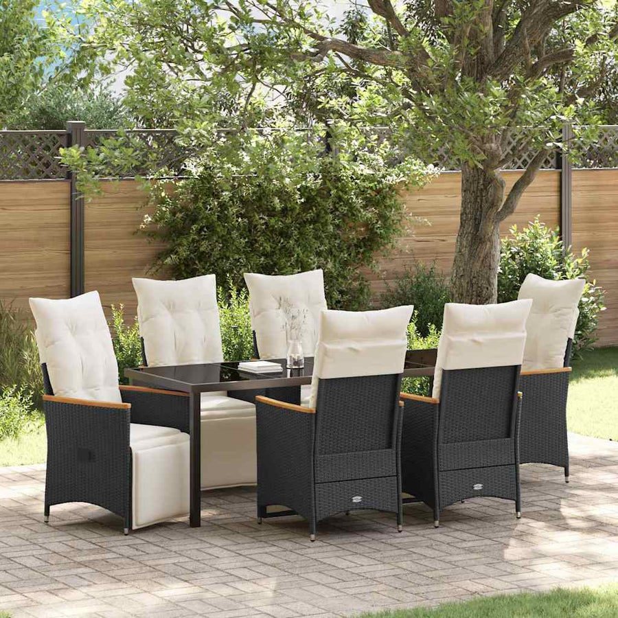 Tuin Eettafelset Met Kussen 7 Pcs Zwart Poly Rattan