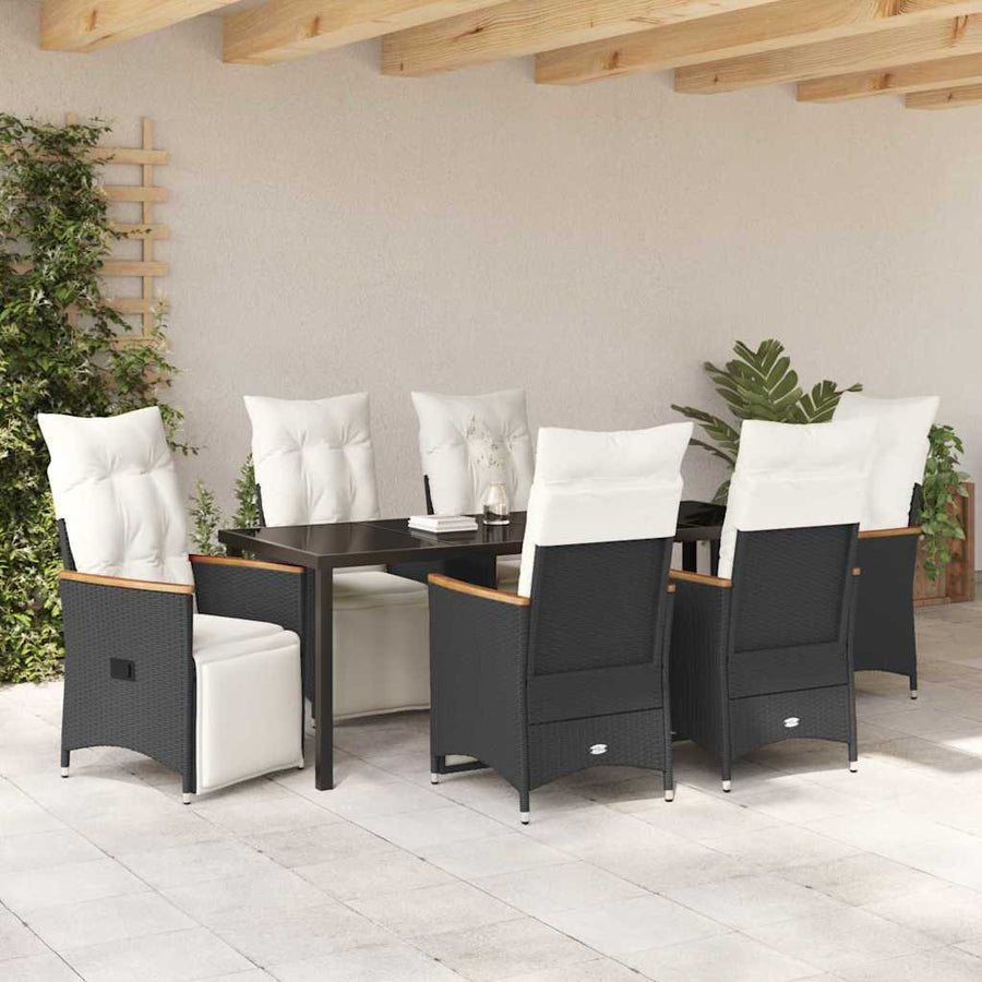 Tuin Eettafelset Met Kussen 7 Pcs Zwart Poly Rattan