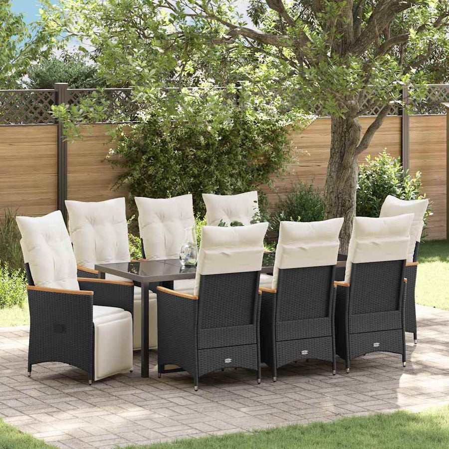 Tuin Eettafelset Met Kussen 9 Pcs Zwart Poly Rattan