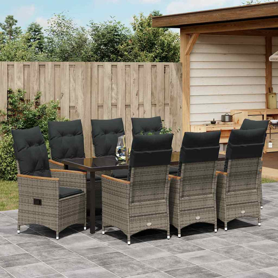 Tuin Eettafelset Met Kussen 9 Pcs Grijs Poly Rattan