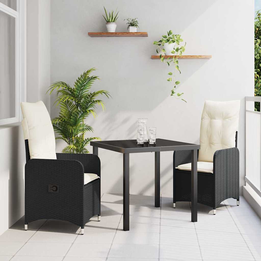 Tuin eettafelset met kussen 3 pcs Zwart poly rattan