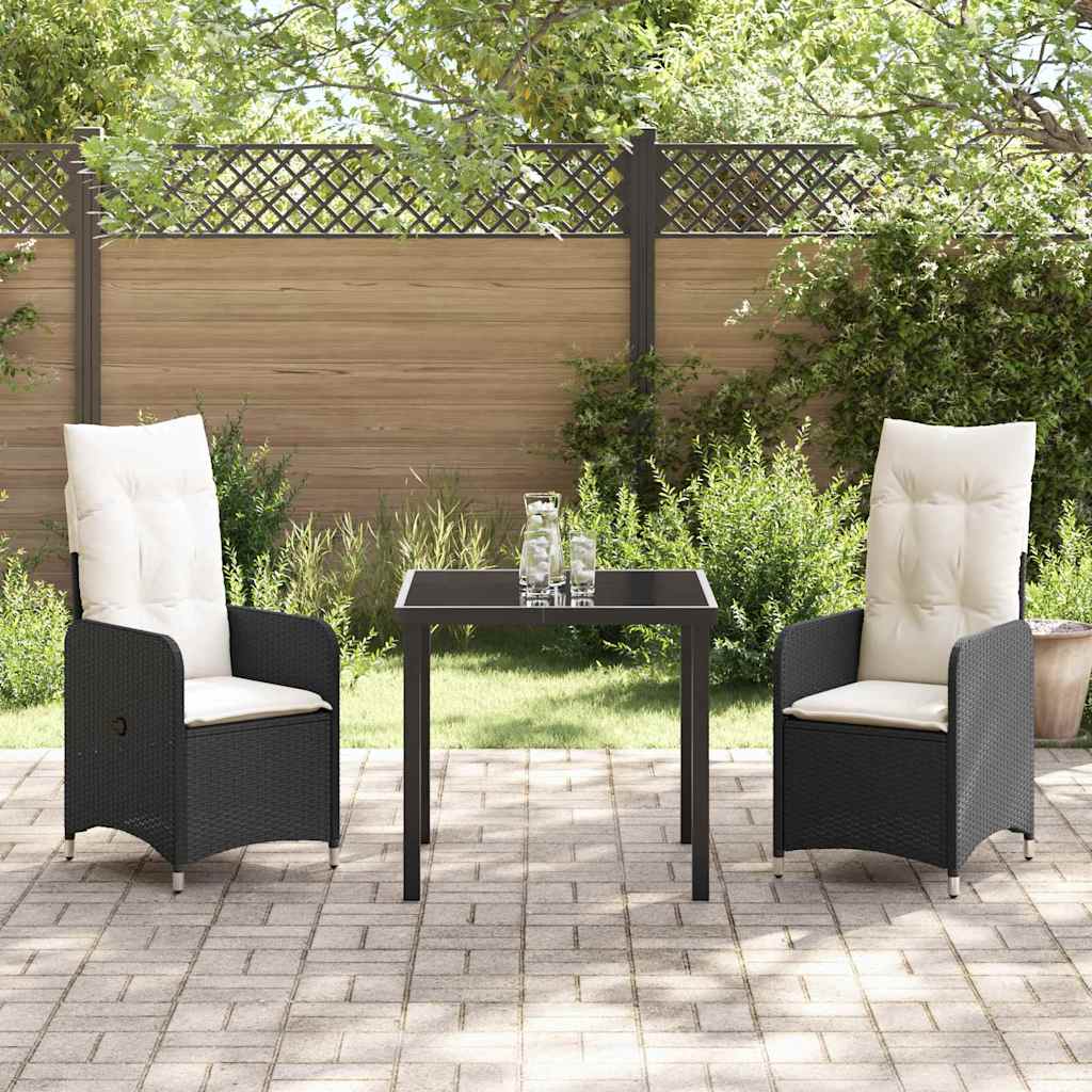 Tuin eettafelset met kussen 3 pcs Zwart poly rattan