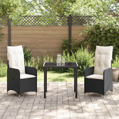 Tuin eettafelset met kussen 3 pcs Zwart poly rattan