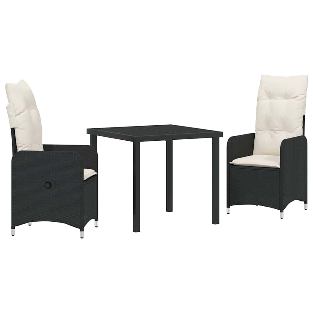 Tuin eettafelset met kussen 3 pcs Zwart poly rattan