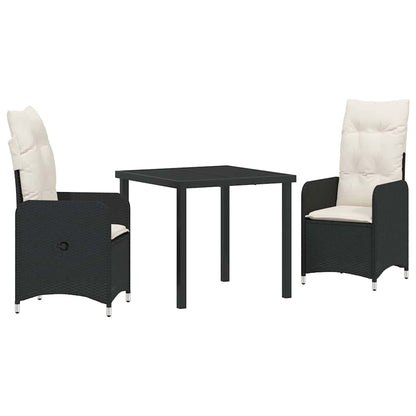 Tuin eettafelset met kussen 3 pcs Zwart poly rattan
