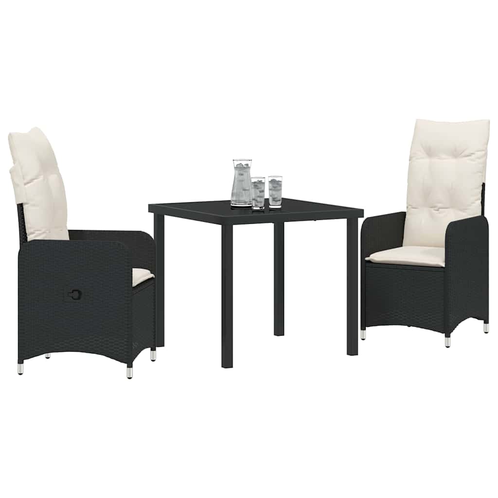 Tuin eettafelset met kussen 3 pcs Zwart poly rattan