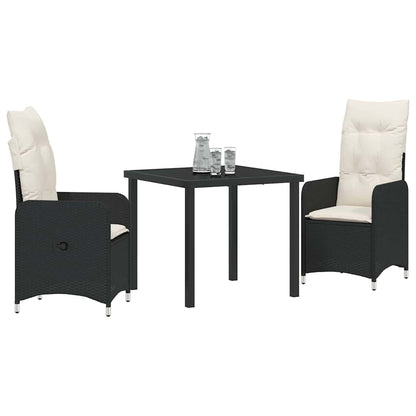 Tuin eettafelset met kussen 3 pcs Zwart poly rattan