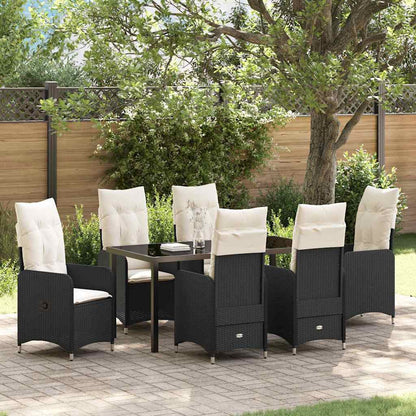 Tuin eettafelset met kussen 7 pcs Zwart poly rattan