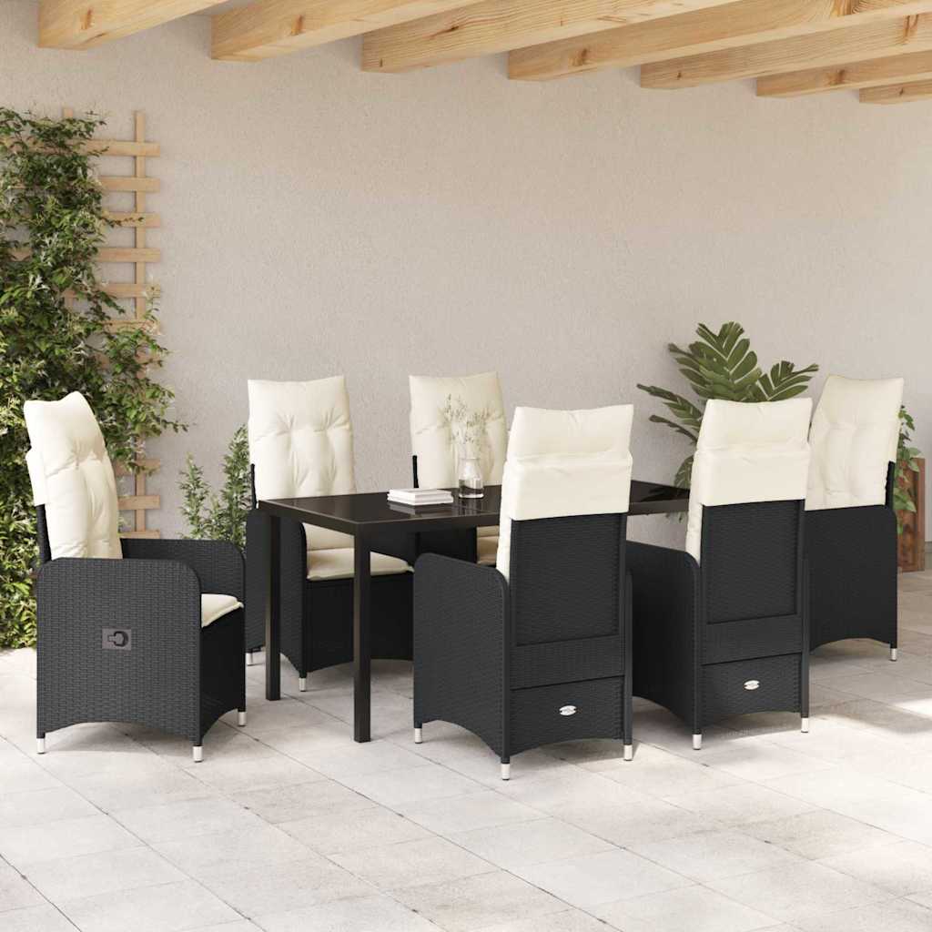 Tuin eettafelset met kussen 7 pcs Zwart poly rattan