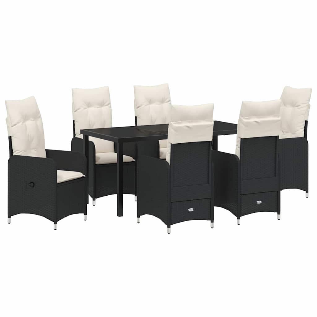 Tuin eettafelset met kussen 7 pcs Zwart poly rattan