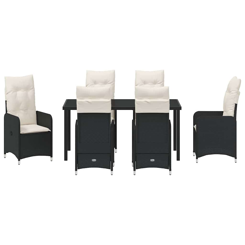 Tuin eettafelset met kussen 7 pcs Zwart poly rattan