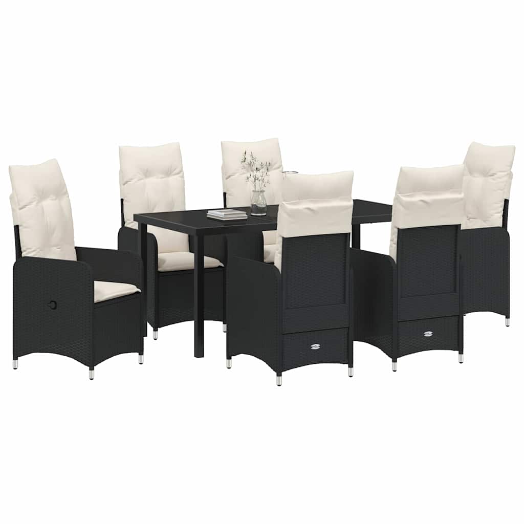 Tuin eettafelset met kussen 7 pcs Zwart poly rattan