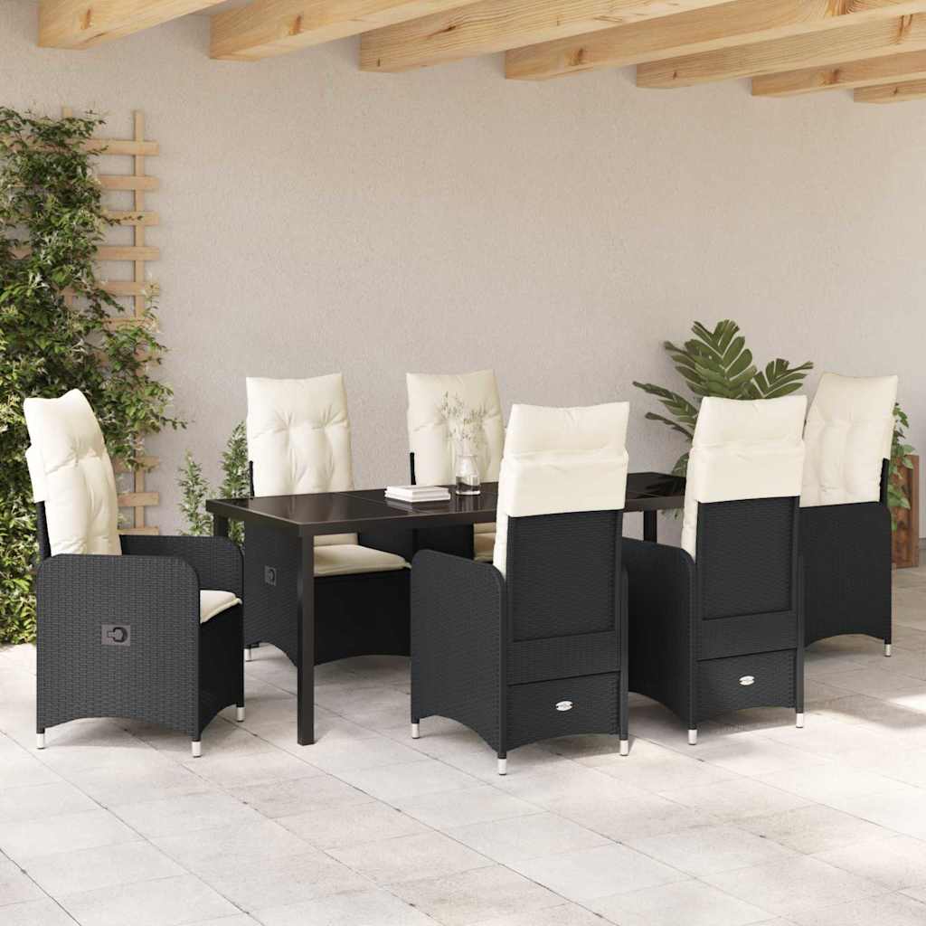 Tuin Eetset met kussen 7 pcs Zwart Poly riet