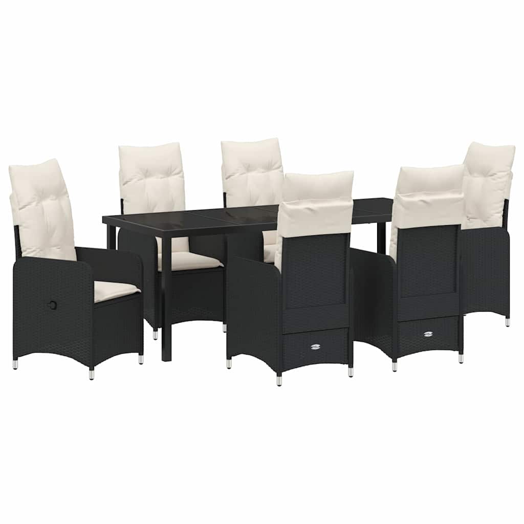 Tuin Eetset met kussen 7 pcs Zwart Poly riet