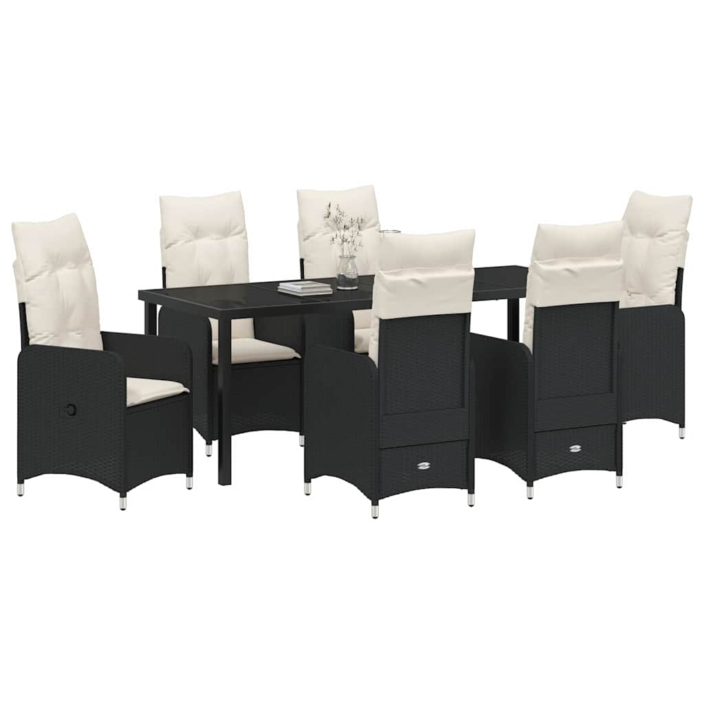 Tuin Eetset met kussen 7 pcs Zwart Poly riet