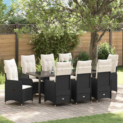Tuin Eetset Met Kussen 9 Pcs Poly Riet Zwart 8x stoel zonder voetensteun + tafel 200 cm