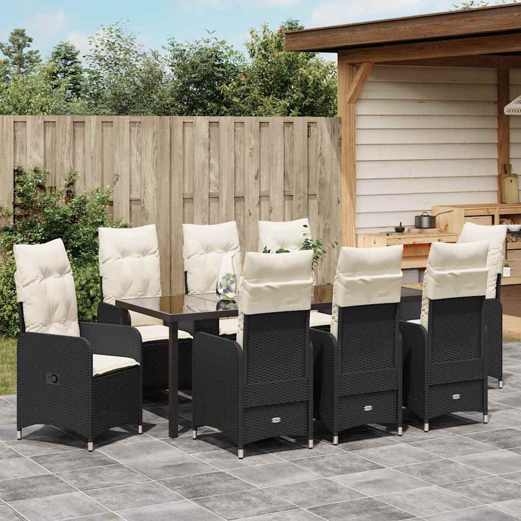 Tuin Eetset Met Kussen 9 Pcs Poly Riet Zwart 8x stoel zonder voetensteun + tafel 200 cm