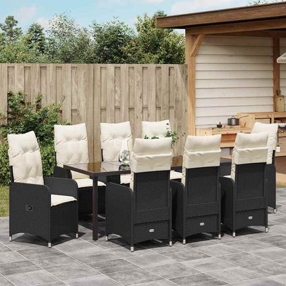 Tuin Eetset Met Kussen 9 Pcs Poly Riet Zwart 8x stoel zonder voetensteun + tafel 200 cm