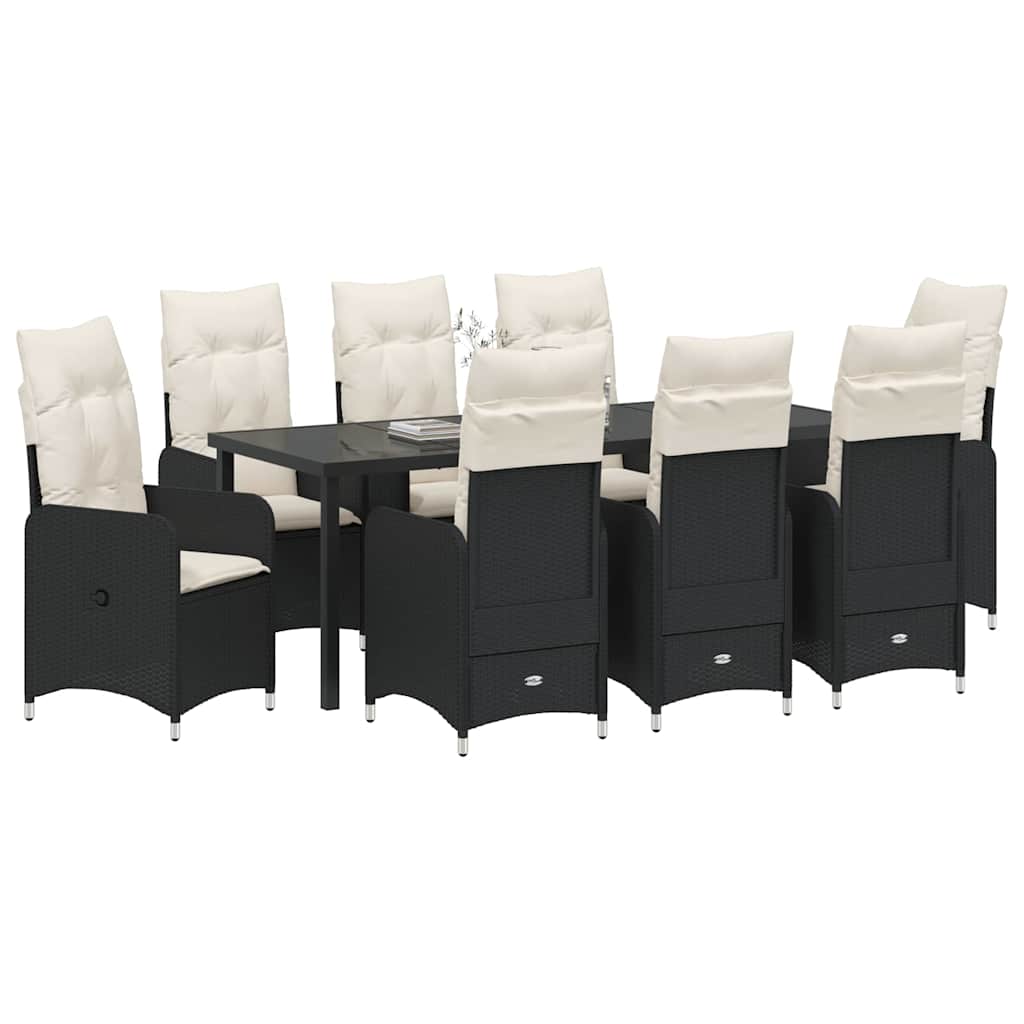 Tuin Eetset Met Kussen 9 Pcs Poly Riet Zwart 8x stoel zonder voetensteun + tafel 200 cm