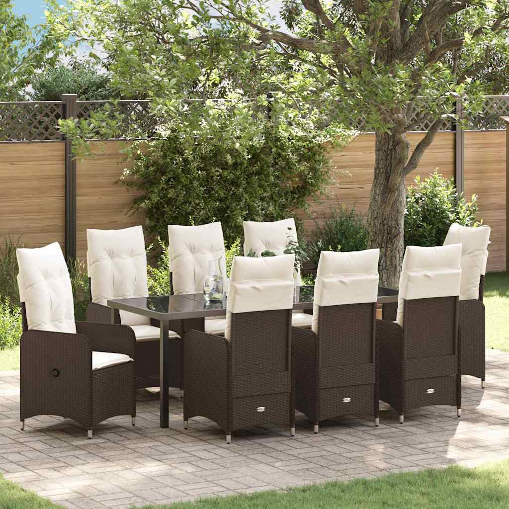 Tuin Eetset met kussen 9 pcs Bruin Poly riet