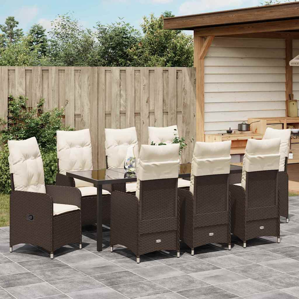 Tuin Eetset met kussen 9 pcs Bruin Poly riet