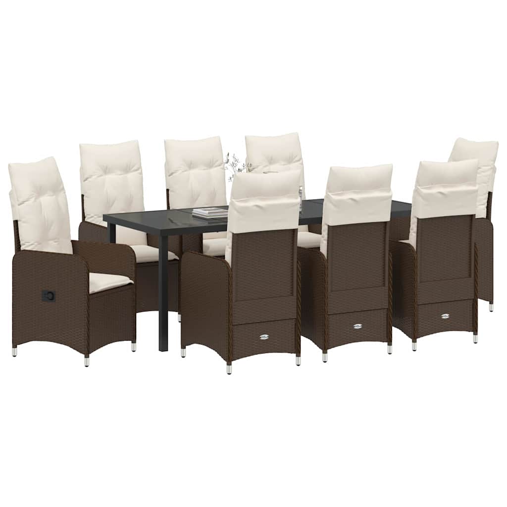 Tuin Eetset met kussen 9 pcs Bruin Poly riet