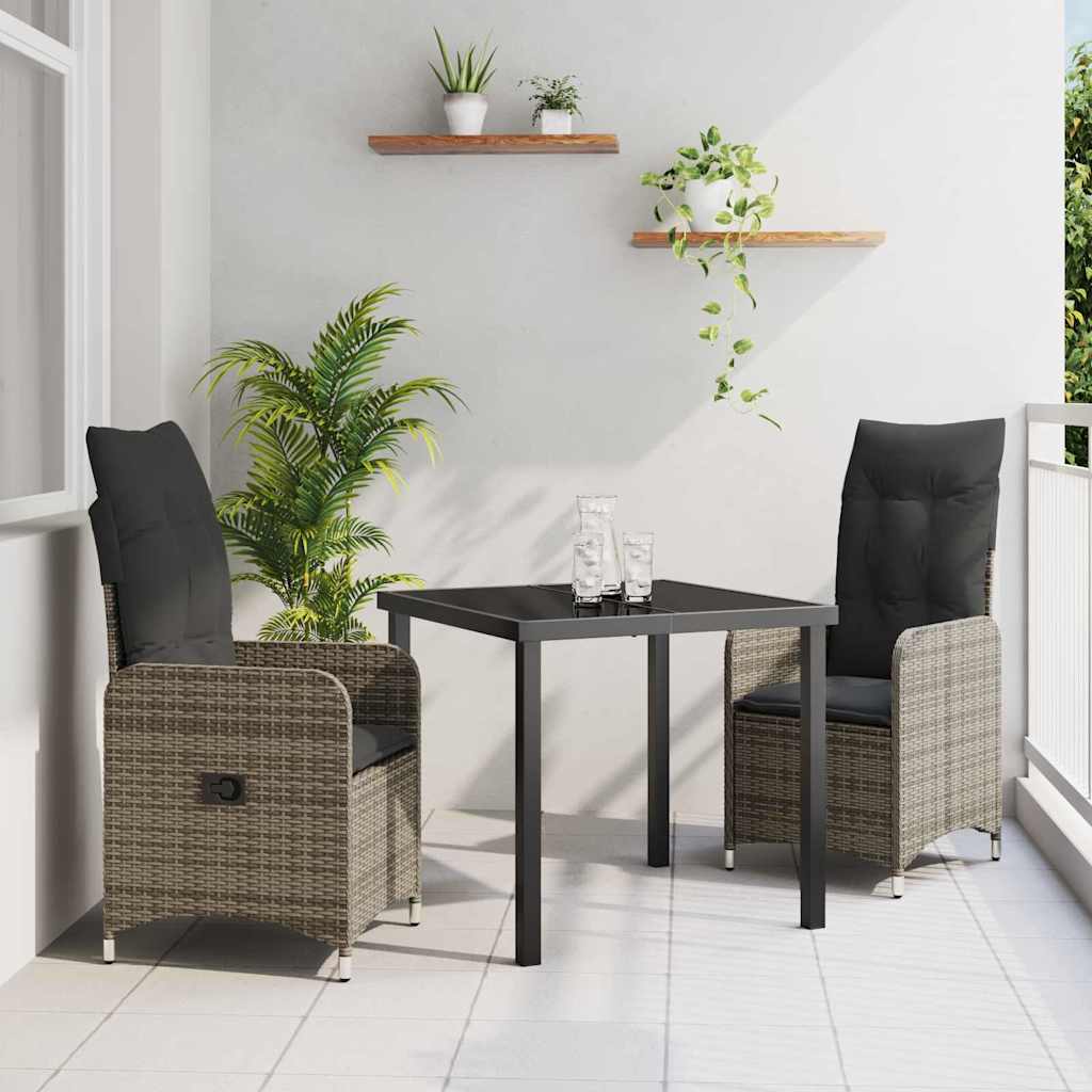 Tuin eettafelset met kussen 3 pcs Grijs poly rattan