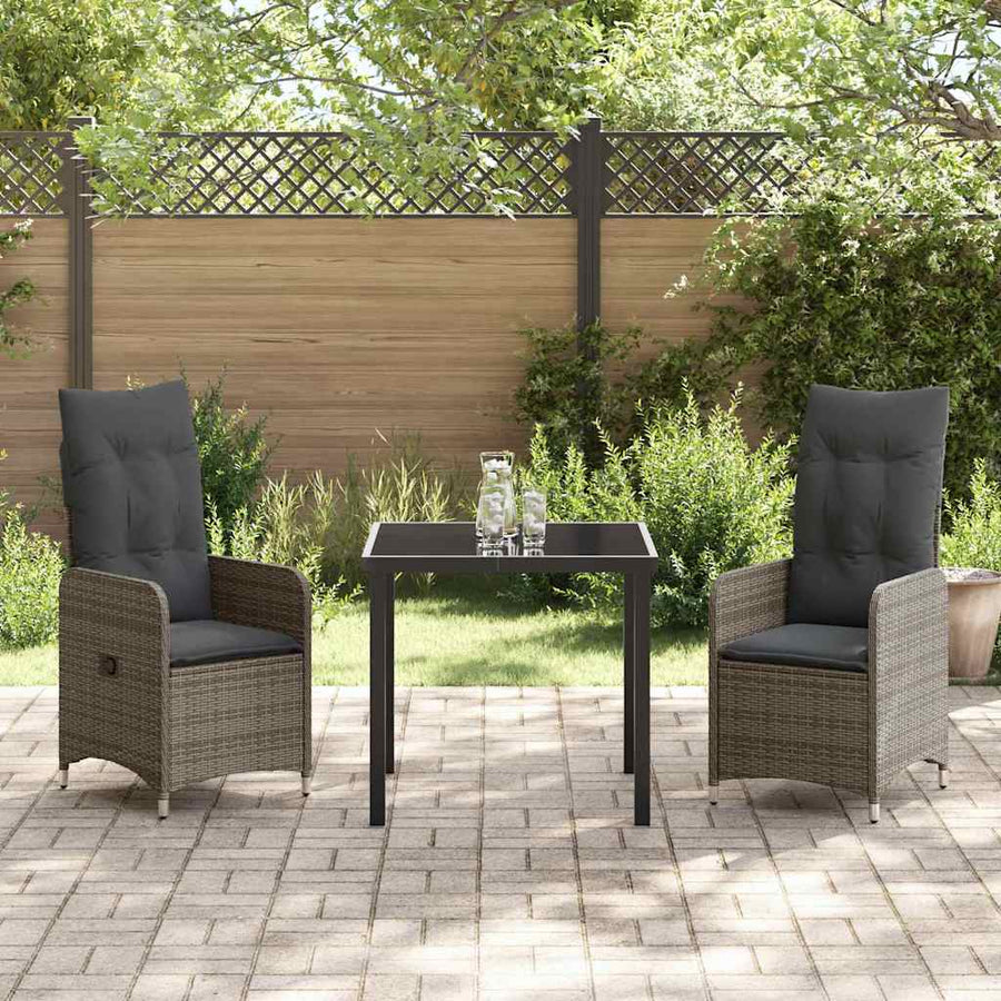 Tuin eettafelset met kussen 3 pcs Grijs poly rattan