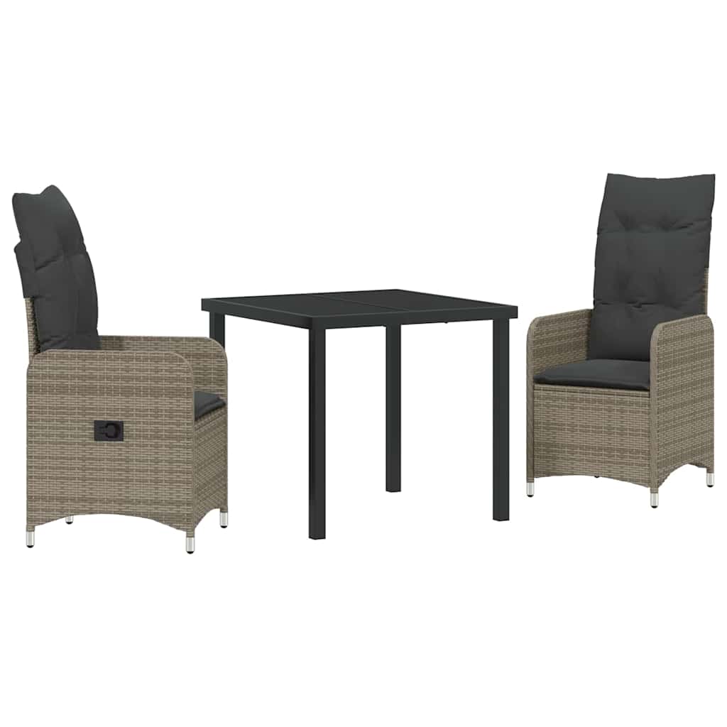 Tuin eettafelset met kussen 3 pcs Grijs poly rattan
