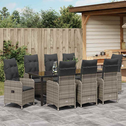 Tuin Eetset Met Kussen 9 Pcs Poly Riet Grijs 8x stoelen zonder voetsteun + tafel 200 cm
