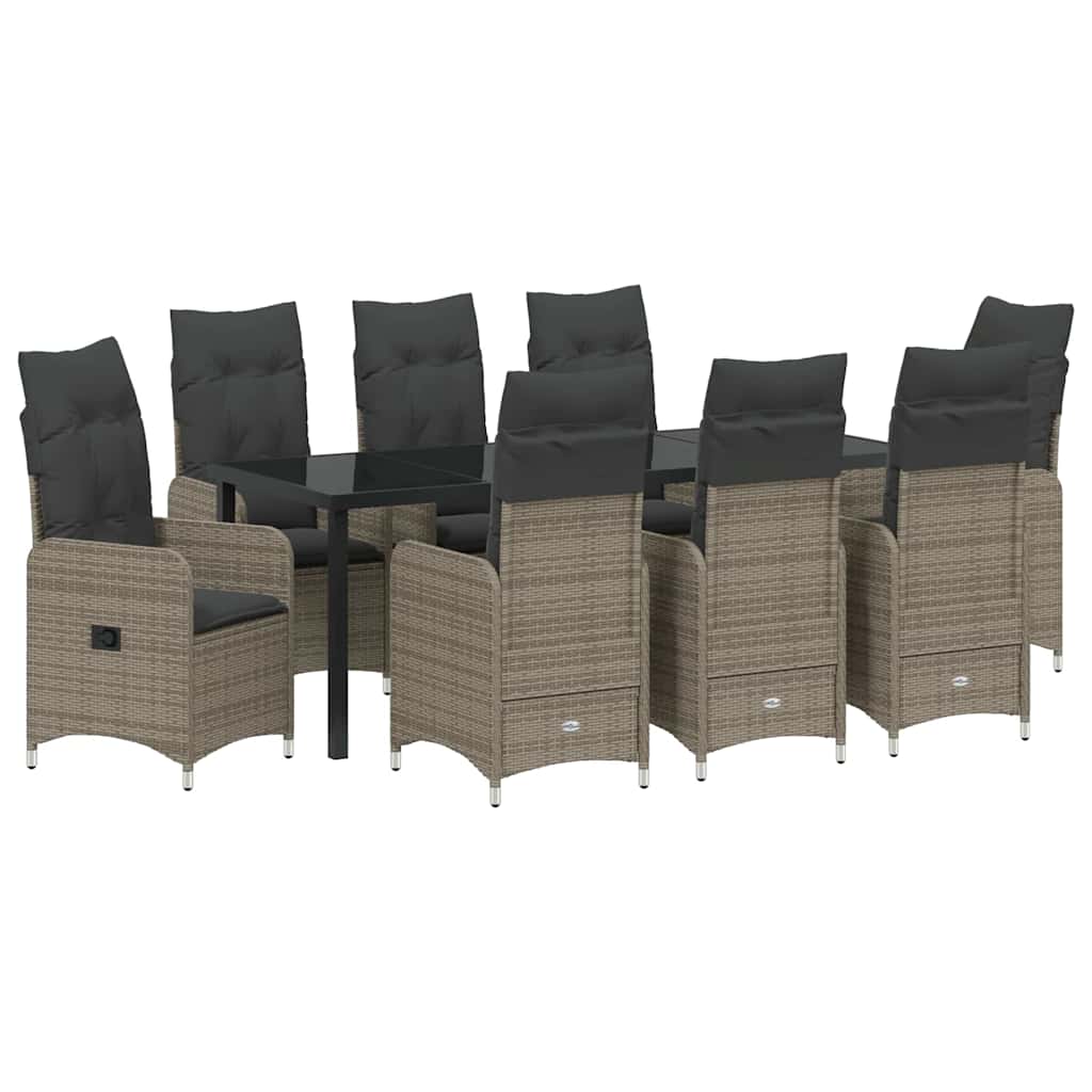 Tuin Eetset Met Kussen 9 Pcs Poly Riet Grijs 8x stoelen zonder voetsteun + tafel 200 cm